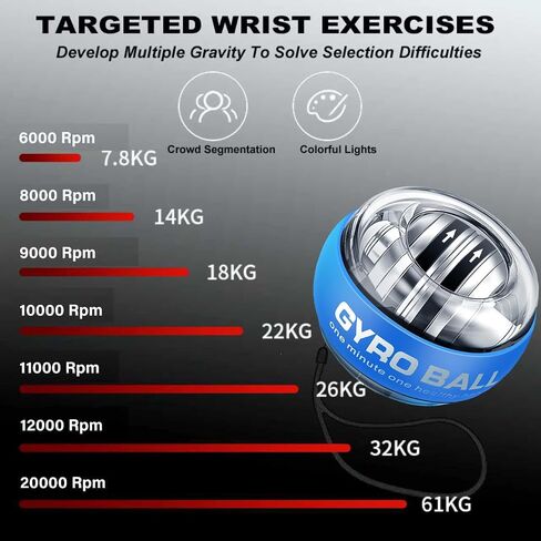 2026 New Auto-Start Power Gyro Ball, Hand Wrist Forearm Trainer and Strengthener, Torque Balls Hand Exerciser with Led Light (with Ball Bag) in Kuwait