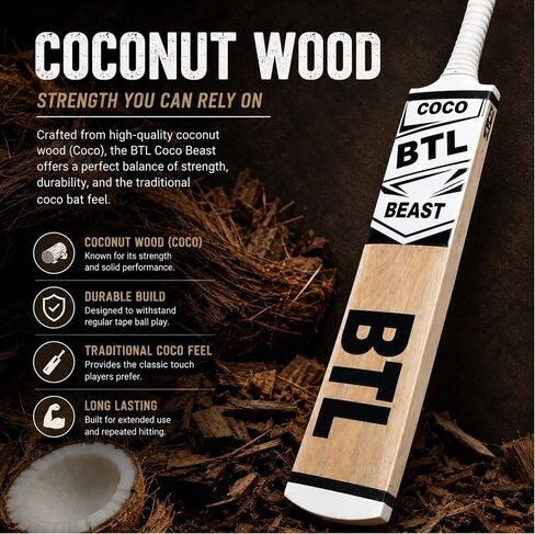 Cricket Bat for Tape Ball & Tennis Ball Cricket – Coconut Wood (Coco) Full Size Durable Power Cricket Bat for Advanced Performance – BTL Coco Beast Adult in Kuwait