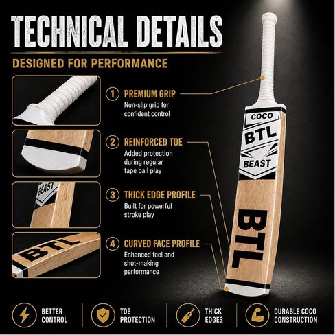 Cricket Bat for Tape Ball & Tennis Ball Cricket – Coconut Wood (Coco) Full Size Durable Power Cricket Bat for Advanced Performance – BTL Coco Beast Adult in Kuwait