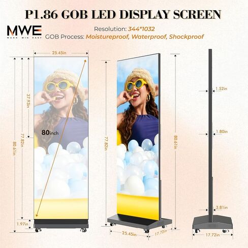 شاشة ملصق LED ثلاثية الطي مقاس 90 بوصة MWE مع حقيبة طيران، شاشة عرض رقمية LED مزدوجة الجوانب P1.86، كشك عرض إعلاني قابل للفصل مع نظام نشر، جدار فيديو للأحداث والإيجارات in Kuwait