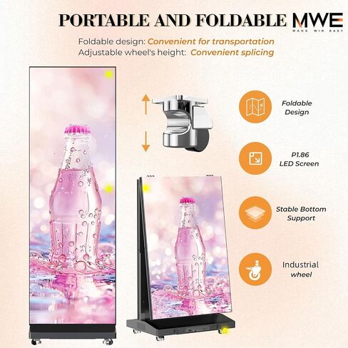 شاشة ملصق LED ثلاثية الطي مقاس 90 بوصة MWE مع حقيبة طيران، شاشة عرض رقمية LED مزدوجة الجوانب P1.86، كشك عرض إعلاني قابل للفصل مع نظام نشر، جدار فيديو للأحداث والإيجارات in Kuwait