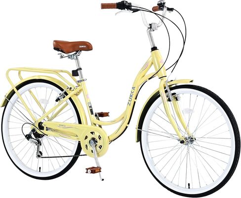 24 Inch Ladies Bike for Women, 7 Speed City Commuter Bicycle with Step-Through Steel Frame, Retro Brown Leather Saddle, Comfortable Grips, Front & Rear V-Brakes in Kuwait