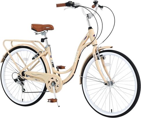 24 Inch Ladies Bike for Women, 7 Speed City Commuter Bicycle with Step-Through Steel Frame, Retro Brown Leather Saddle, Comfortable Grips, Front & Rear V-Brakes in Kuwait