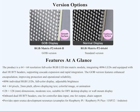 64 × 64 4096 RGB Full Color LED Matrix Panel, 2mm Pitch, Display Text/Colorful Image/Animation Adjustable Brightness Chainable Design, Compatible with Raspberry Pi/Pi Pico / ESP32/Ardui in Kuwait