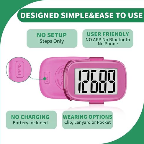 Pedometer Walking Simple 3D Step Counter with Clip and Lanyard, Activities Fitness Tracker Without Smartphone, Accurate Step Tracker for Women, Men, Seniors-Pink in Kuwait
