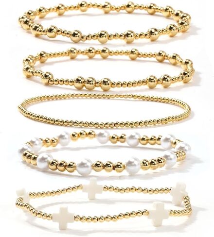 7pcs Dainty 14k Gold Cross Cross Clover Pearl Stretch Stretch for Women ، Handmade Boho Gold Beads Dacklets Fashion Holiday Birth in Kuwait