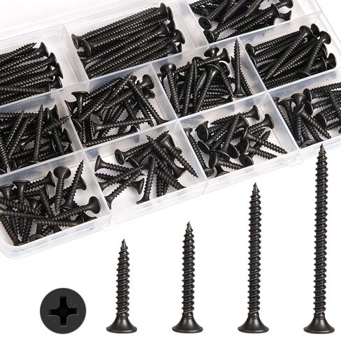 #6 Drywall Screws Assortment Kit 165Pcs, 4 Sizes #6 x 1/1.25"/1.625"/2" Black Wood Screws, Coarse Thread Phillips Drive, Flanged Head Fasteners for Drywall, Wood, Picture Hanging & Home Repai in Kuwait