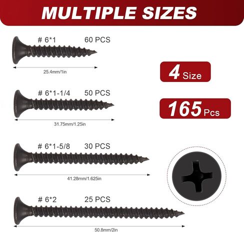#6 Drywall Screws Assortment Kit 165Pcs, 4 Sizes #6 x 1/1.25"/1.625"/2" Black Wood Screws, Coarse Thread Phillips Drive, Flanged Head Fasteners for Drywall, Wood, Picture Hanging & Home Repai in Kuwait