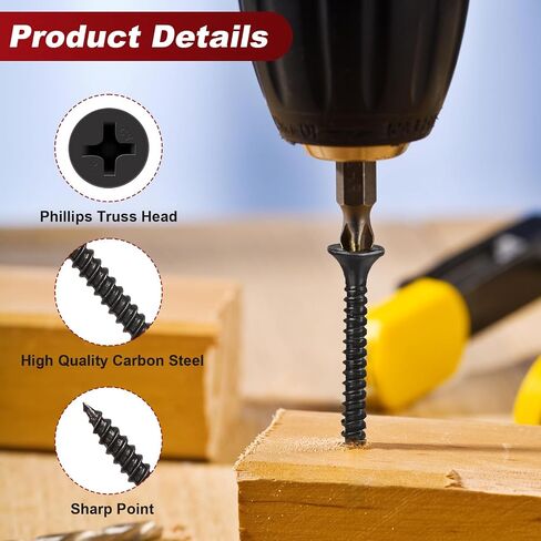 #6 Drywall Screws Assortment Kit 165Pcs, 4 Sizes #6 x 1/1.25"/1.625"/2" Black Wood Screws, Coarse Thread Phillips Drive, Flanged Head Fasteners for Drywall, Wood, Picture Hanging & Home Repai in Kuwait
