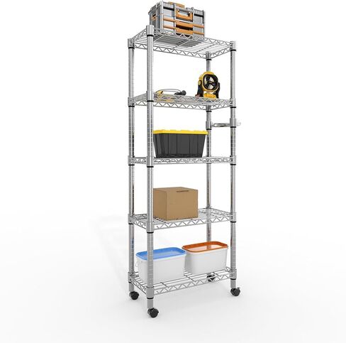 NSF Certified Heavy-Duty 5-Tier Adjustable Chrome Steel Storage Rack, 1100 LBS Capacity Rolling Organizer on Wheels, Space-Saving Wire Shelf for Commercial Kitchen, Restaurant, Hotel, Warehouse in Kuwait