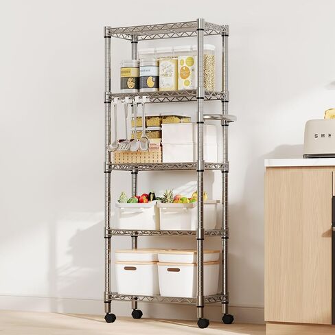 NSF Certified Heavy-Duty 5-Tier Adjustable Chrome Steel Storage Rack, 1100 LBS Capacity Rolling Organizer on Wheels, Space-Saving Wire Shelf for Commercial Kitchen, Restaurant, Hotel, Warehouse in Kuwait