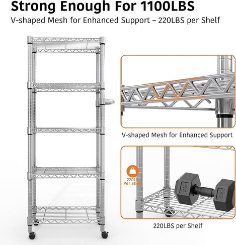 NSF Certified Heavy-Duty 5-Tier Adjustable Chrome Steel Storage Rack, 1100 LBS Capacity Rolling Organizer on Wheels, Space-Saving Wire Shelf for Commercial Kitchen, Restaurant, Hotel, Warehouse in Kuwait