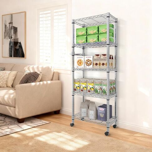 NSF Certified Heavy-Duty 5-Tier Adjustable Chrome Steel Storage Rack, 1100 LBS Capacity Rolling Organizer on Wheels, Space-Saving Wire Shelf for Commercial Kitchen, Restaurant, Hotel, Warehouse in Kuwait