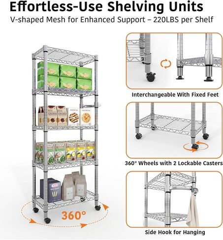 NSF Certified Heavy-Duty 5-Tier Adjustable Chrome Steel Storage Rack, 1100 LBS Capacity Rolling Organizer on Wheels, Space-Saving Wire Shelf for Commercial Kitchen, Restaurant, Hotel, Warehouse in Kuwait
