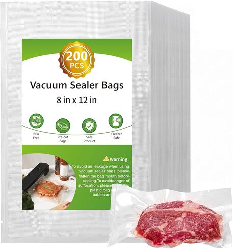 Vacuum Sealer Bags for Food, 200pcs Food Saver Seal Bags Quart 8" x 12", BPA Free Precut Commercial Grade, Puncture Resistant for Meal Prep, Sous Vide, Freezer in Kuwait