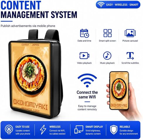 21.5 Inch IP65 Waterproof Advertising Backpack, 1000nits High Brightness LCD Digital Signage Backpack, Human Walking Backpacks Digital Billboard with USB/App/CMS Input for Auto ADs Playback in Kuwait