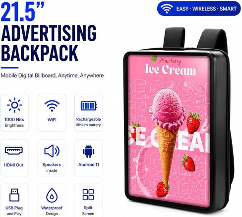 21.5 Inch IP65 Waterproof Advertising Backpack, 1000nits High Brightness LCD Digital Signage Backpack, Human Walking Backpacks Digital Billboard with USB/App/CMS Input for Auto ADs Playback in Kuwait