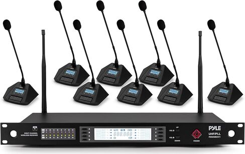 Pyle 4 Channel UHF Wireless Conference Microphone System with 4 Gooseneck Mics, 300 Ft Range, Selectable Frequencies & Rack Mount Receiver for Meetings, Presentations & Events in Kuwait