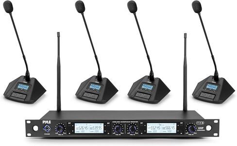 Pyle 4 Channel UHF Wireless Conference Microphone System with 4 Gooseneck Mics, 300 Ft Range, Selectable Frequencies & Rack Mount Receiver for Meetings, Presentations & Events in Kuwait
