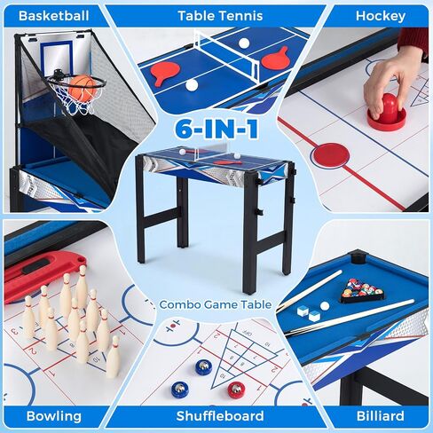 Goplus 6-in-1 Multi Game Table, Combo Game Table w/Basketball, Billiards, Ping Pong, Hockey, Shuffleboard, Bowling, Adults Space Saving Combination Game Table Set for Party, Game Room, Arcade in Kuwait