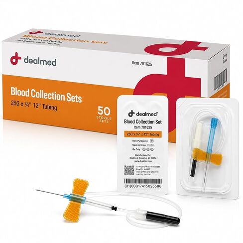 Dealmed Blood Collection Set, 25G x ¾" with 12 in. Sterile Tubing, Winged Butterfly Set with Luer Adapter, Latex‑Free (Case of 200) in Kuwait