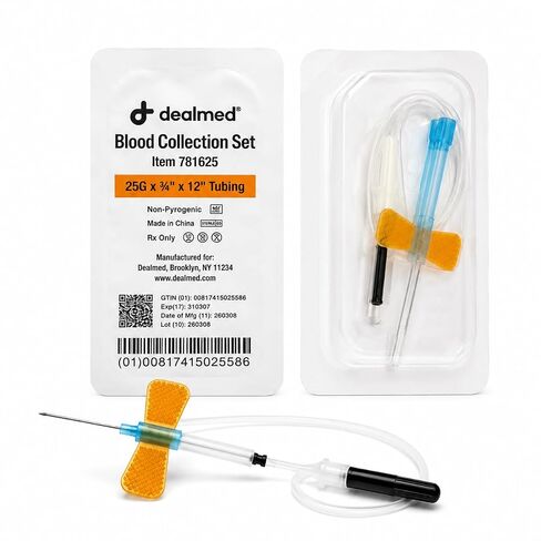 Dealmed Blood Collection Set, 25G x ¾" with 12 in. Sterile Tubing, Winged Butterfly Set with Luer Adapter, Latex‑Free (Case of 200) in Kuwait