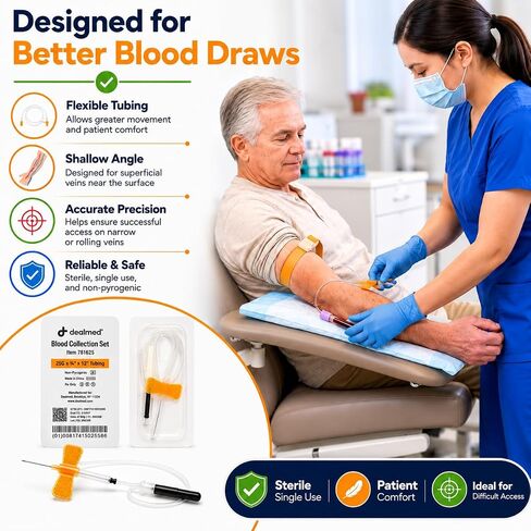 Dealmed Blood Collection Set, 25G x ¾" with 12 in. Sterile Tubing, Winged Butterfly Set with Luer Adapter, Latex‑Free (Case of 200) in Kuwait