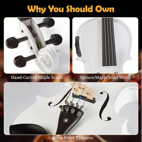 4/4 Acoustic Electric Violin for Amplifier Use, White Finish, Solid Spruce Top with Maple Back, Ebony Fittings, Carbon Fiber Tailpiece, Full Size Starter Kit for Beginners and Adults in Saudi Arabia