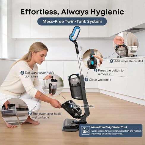غسالة الأرضيات اللاسلكية HAUSMEISTER Hydroflex Pro Max، ممسحة كهربائية رطبة وجافة بقوة 30 كيلو باسكال مع قاعدة للتنظيف الذاتي، مجموعة مكنسة كهربائية وممسحة للأرضيات الصلبة وشعر الحيوانات الأليفة، وقت تشغيل 40 دقيقة in Kuwait