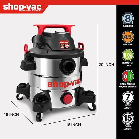Shop-Vac 8 Gallon 4.5 Peak HP Wet/Dry Vacuum, Stainless Steel Tank, Portable with Drain Port, Blower Port, Hose and Accessories for Garage, Workshop, Jobsite, and Patio in Kuwait