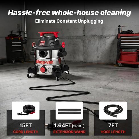 Shop-Vac 8 Gallon 4.5 Peak HP Wet/Dry Vacuum, Stainless Steel Tank, Portable with Drain Port, Blower Port, Hose and Accessories for Garage, Workshop, Jobsite, and Patio in Kuwait