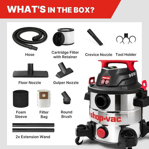 Shop-Vac 8 Gallon 4.5 Peak HP Wet/Dry Vacuum, Stainless Steel Tank, Portable with Drain Port, Blower Port, Hose and Accessories for Garage, Workshop, Jobsite, and Patio in Kuwait