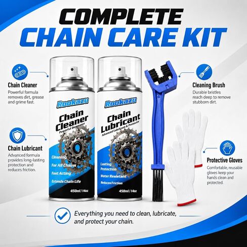 Chain Cleaner Kit for Motorcycle & Bicycle, with Chain Cleaner & Lube, Brushes, Gloves, Tools – Complete Cleaning & Lubricating Set for All Bikes, Street Bikes, Karts, Smooth Drive Train in Kuwait