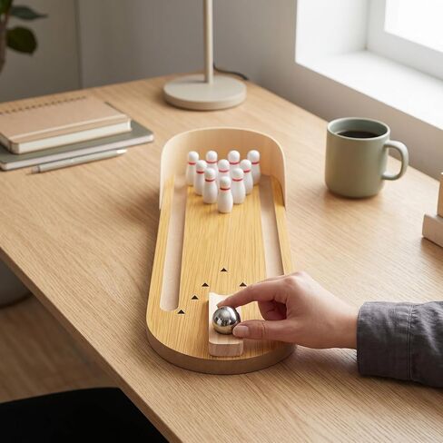 Mini Bowling Set, Tabletop Bowling Game Wooden Synthetic Desktop Alley with 10 Pins Ramp, Finger Stress Relief Roller for Adults Teens Break Room in Kuwait