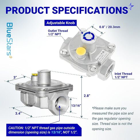 BlueStars 1/2" Gas Pressure Regulator, Adjustable Natural Gas and Liquefied Interchange Pressure Regulator with 2 Brass 1/2" NPT Conversion Adapters for NG/LPG Applications Grill, Heater, Oven, Stove in Kuwait