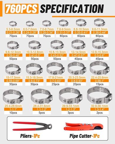 760PCS Single Ear Hose Clamp Kit 20 Sizes 5.3-36.1mm 304 Stainless Steel Stepless Crimp Hose Clamps Assortment with Ear Clamp Pincer and Pipe Cutter for Auto/Fuel Line/Plumbing/Home Appliance in Kuwait