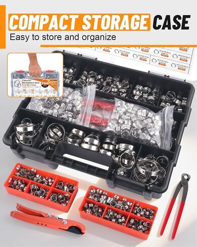 760PCS Single Ear Hose Clamp Kit 20 Sizes 5.3-36.1mm 304 Stainless Steel Stepless Crimp Hose Clamps Assortment with Ear Clamp Pincer and Pipe Cutter for Auto/Fuel Line/Plumbing/Home Appliance in Kuwait