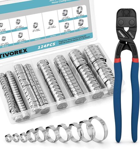 124PCS 10-Sizes Single Ear Hose Clamps with Ear Clamp Plier, 304 Stainless Steel 7-28.6mm Stepless Crimp Cinch Rings Assortment Kit for Automotive, Home Appliance, Pipe, Fuel Line, Plumbing in Kuwait