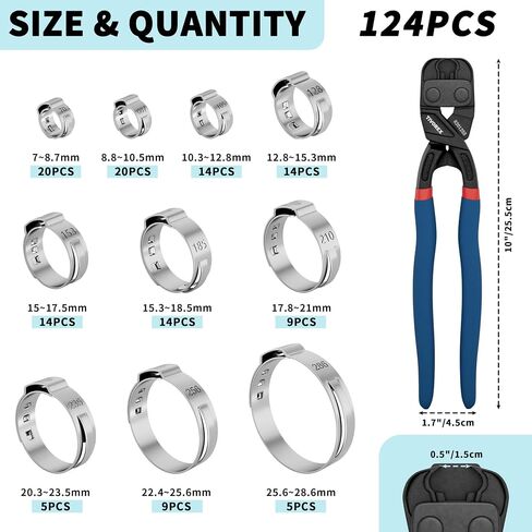 124PCS 10-Sizes Single Ear Hose Clamps with Ear Clamp Plier, 304 Stainless Steel 7-28.6mm Stepless Crimp Cinch Rings Assortment Kit for Automotive, Home Appliance, Pipe, Fuel Line, Plumbing in Kuwait