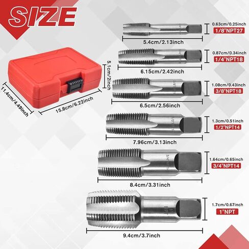مجموعة حنفية أنابيب NPT 6 قطع مقاس 1 بوصة، 3/4 بوصة، 1/2 بوصة، 3/8 بوصة، 1/4 بوصة 1/8 بوصة، صنبور تشكيل الخيط، مجموعة صنابير NPT للخيوط الدقيقة، ميكانيكا السباكين المتنوعة، أدوات قطع الخيوط DIY مع حقيبة تخزين in Kuwait