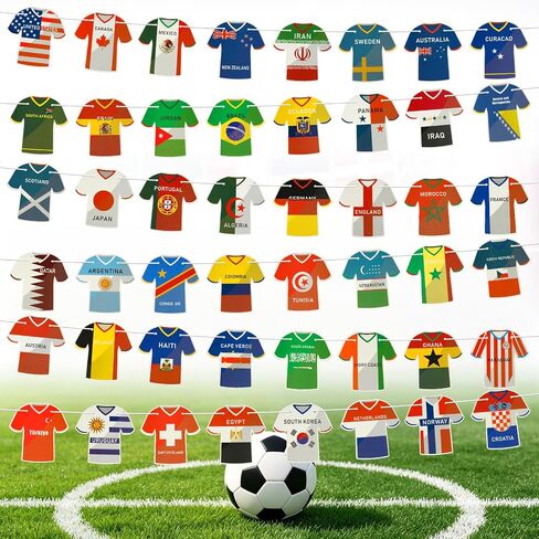2026 World Cup Jersey-Shaped Decorations Flag Banners,48 Country Flags for World Cup Party Decorations,Flags of the World for Bar, Patio,Yard,Soccer Party,Living Room,Training Ground in Kuwait