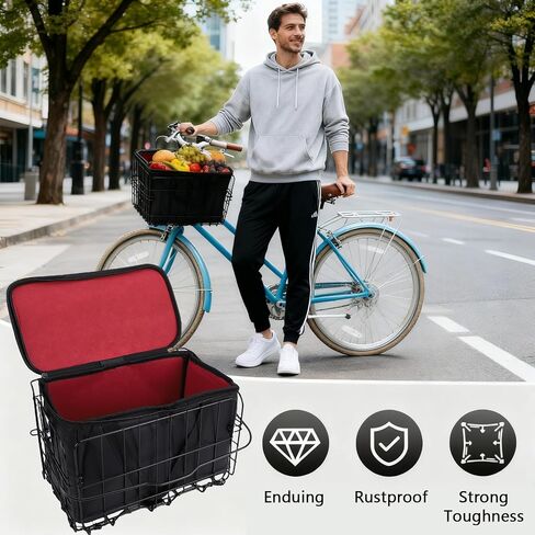 Bike Front Basket Kit Quick-Release Detachable Metal Basket with Removable Liner Bag for Groceries Pets Bikes in Kuwait