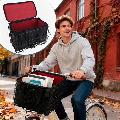 Bike Front Basket Kit Quick-Release Detachable Metal Basket with Removable Liner Bag for Groceries Pets Bikes in Kuwait
