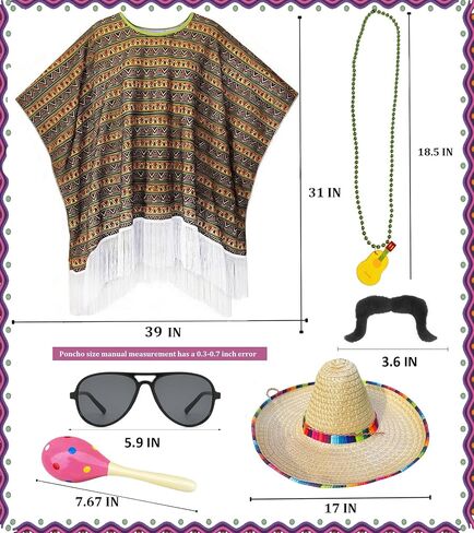 6pcs القبعات المكسيكية Sombrero Hats Cinco de Mayo الزي Mariachi البالغ Maracas قلادة شارب وهمية هالوين in Kuwait