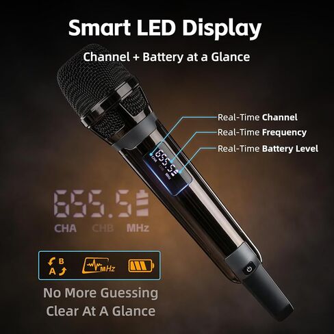 Wireless Microphones for Karaoke Singing, Professional Dual Cordless Mic System , 500ft Long Range Dual Handheld Cordless& LED Display, Dynamic Karaoke Microphone for Singing, DJ, Church, Party in Kuwait