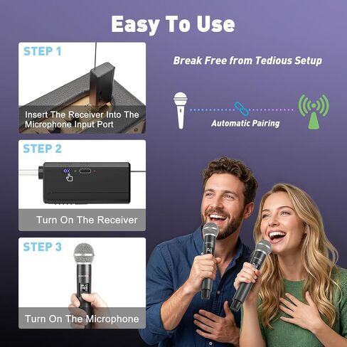 Wireless Microphones - AI Auto Match Channel Mics, Upgraded 2.4GHz 500FT Extra-Long Range Stable Receiving Rechargeable Microfono Inalambrico for Karaoke Singing DJ Church Classroom in Kuwait