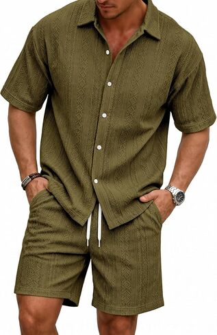 Men's Summer Track Suits 2 Piece Summer Beach Button Down Short Sleeve Shirt and Shorts Outfits Lounge Sets in Kuwait