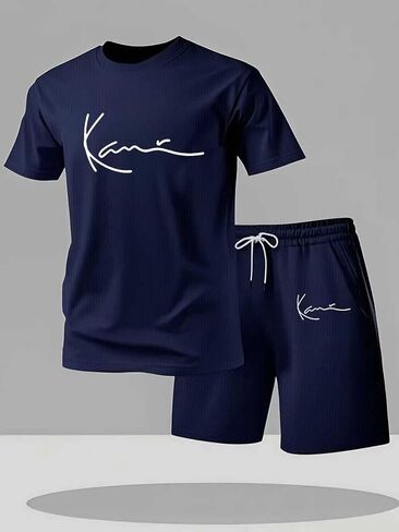 Men's Breathable Summer 2-Piece Set - Moisture-Wicking Letter Graphic Tee & Athletic Shorts for Sports & Casual Outings in Kuwait