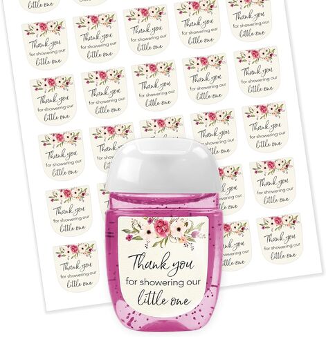 30 Pack Pink Baby Shower 1 oz Mini Hand Sanitizer Favor Labels – “Thanks for Showering Our Little One" Stickers, High Gloss Waterproof Floral Garden Theme It’s a Girl Shower Party Favors S400-1 in Kuwait