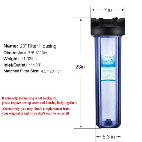 Geekpure 20 Inch Clear Whole House Water Filter Housing - 1" NPT Plastic Port-Fit 4.5 x 20 Inch Filters in Kuwait